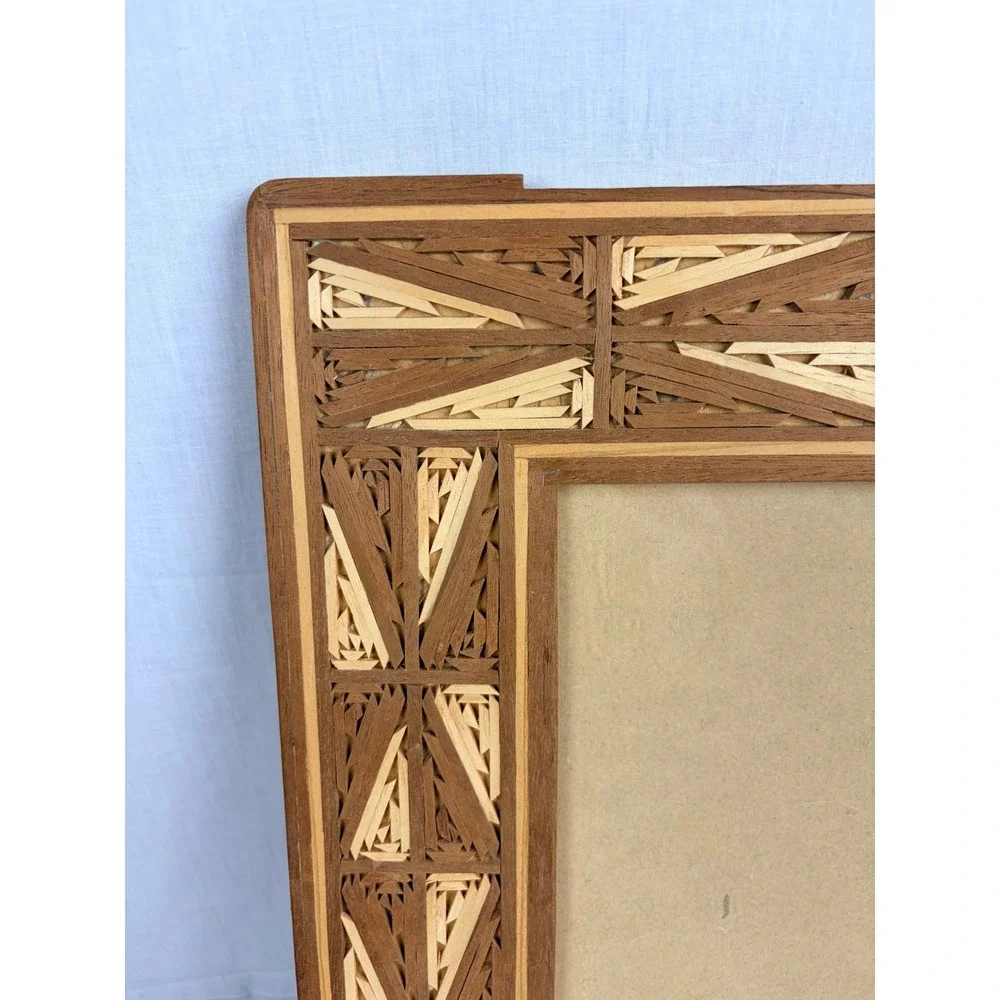 Set of 3 Vintage Straw Marquetry Wood Picture Frames Geometric Boho Home Decor